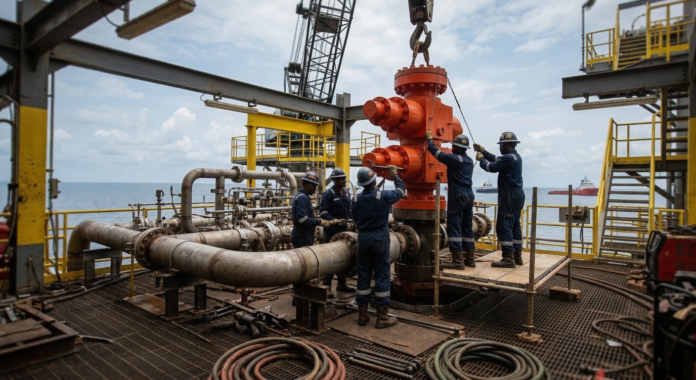 Installation of BOP, Blowout Preventer, and associated piping for wellhead platform – photo 2