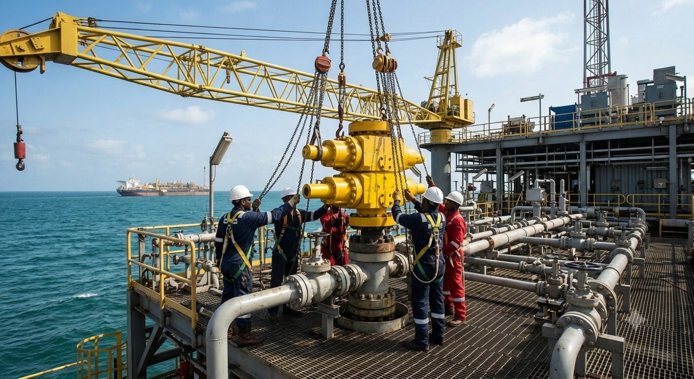 Installation of BOP, Blowout Preventer, and associated piping for wellhead platform – photo 1